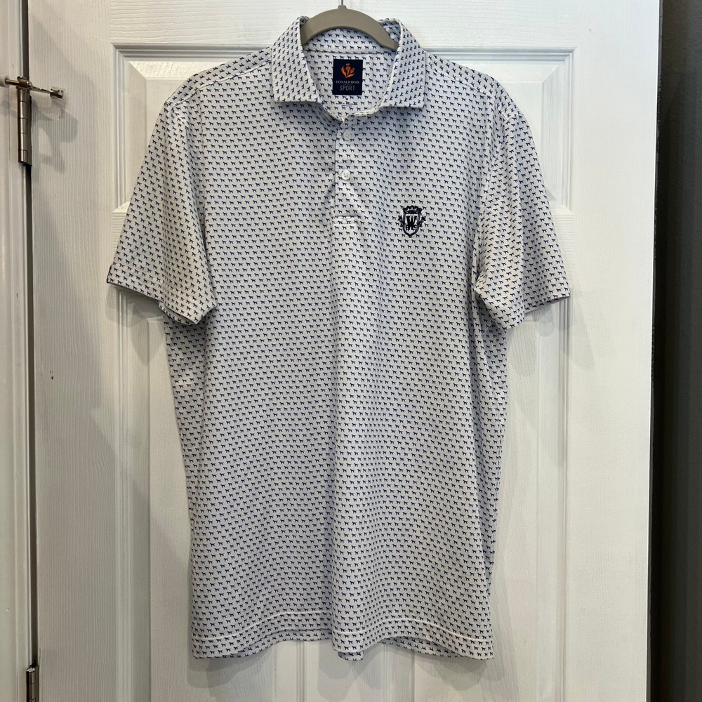 Donald Ross Sport Polo Shirt Polyester Spandex Dog Print Preppy White Blue M